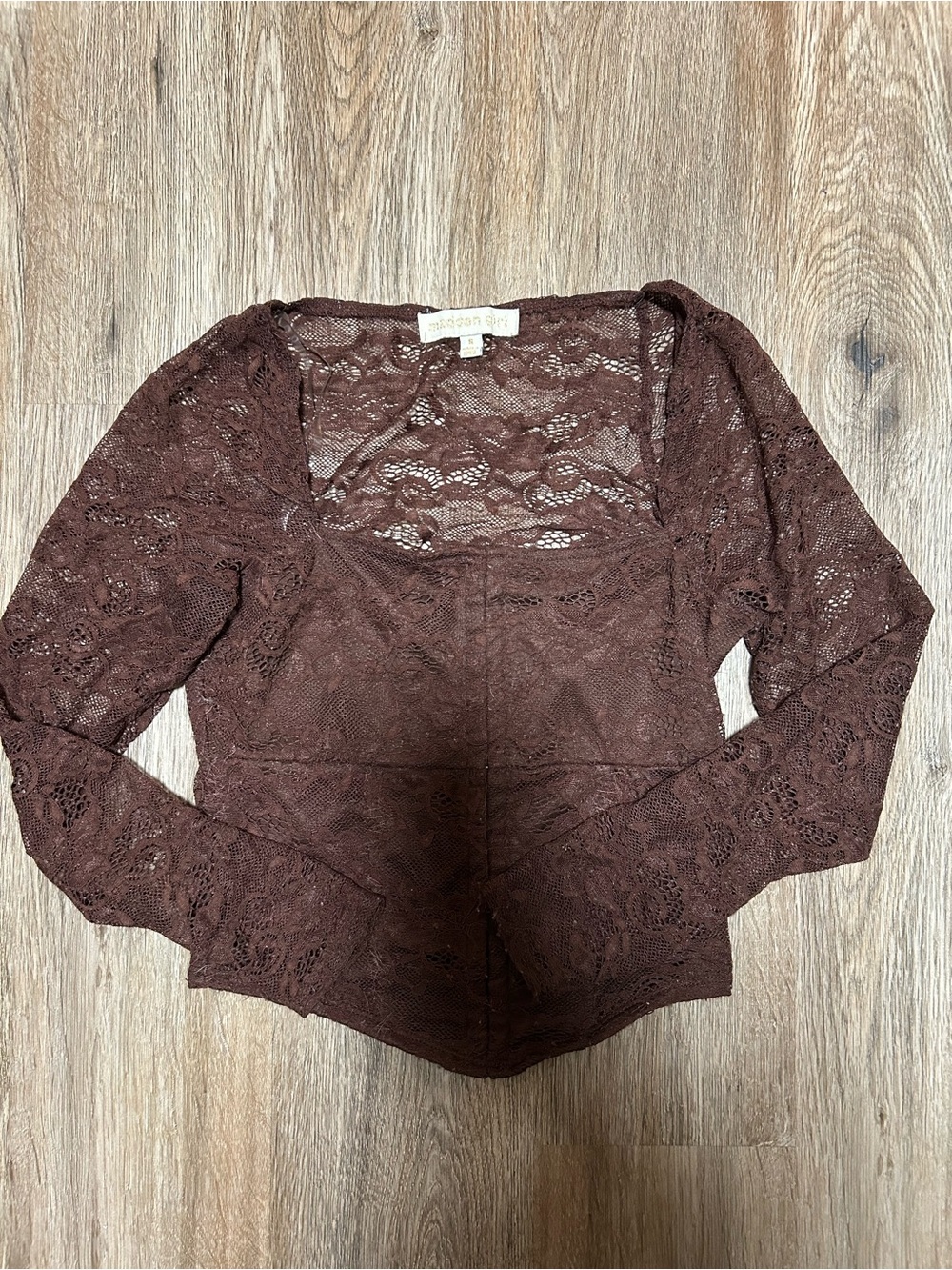 Madden Girl Brown Lace Scoop Neck Long Sleeve Top